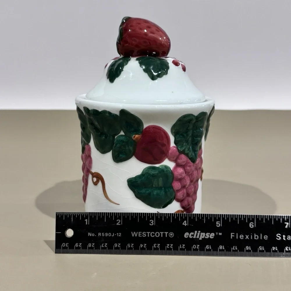 Vintage GHA‎ Small Kitchen Canister W Lid & Seal Grapes Strawberries Pattern